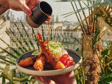 a person pouring sauce onto a plate of food