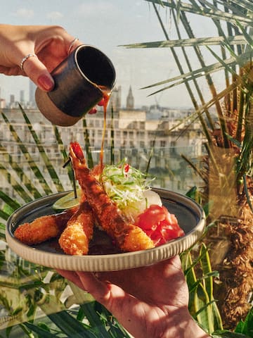 a person pouring sauce onto a plate of food