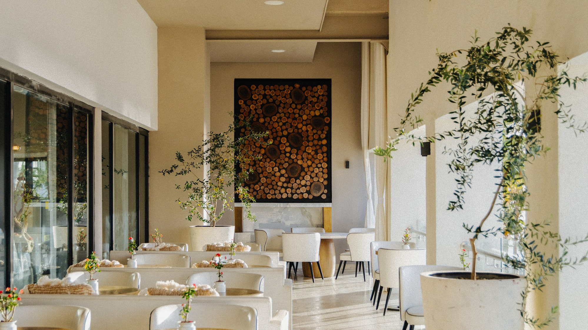 a room with tables and chairs