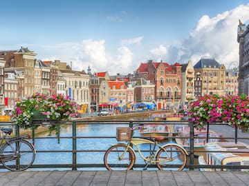 a bicycle on a bridge over a canal with flowers