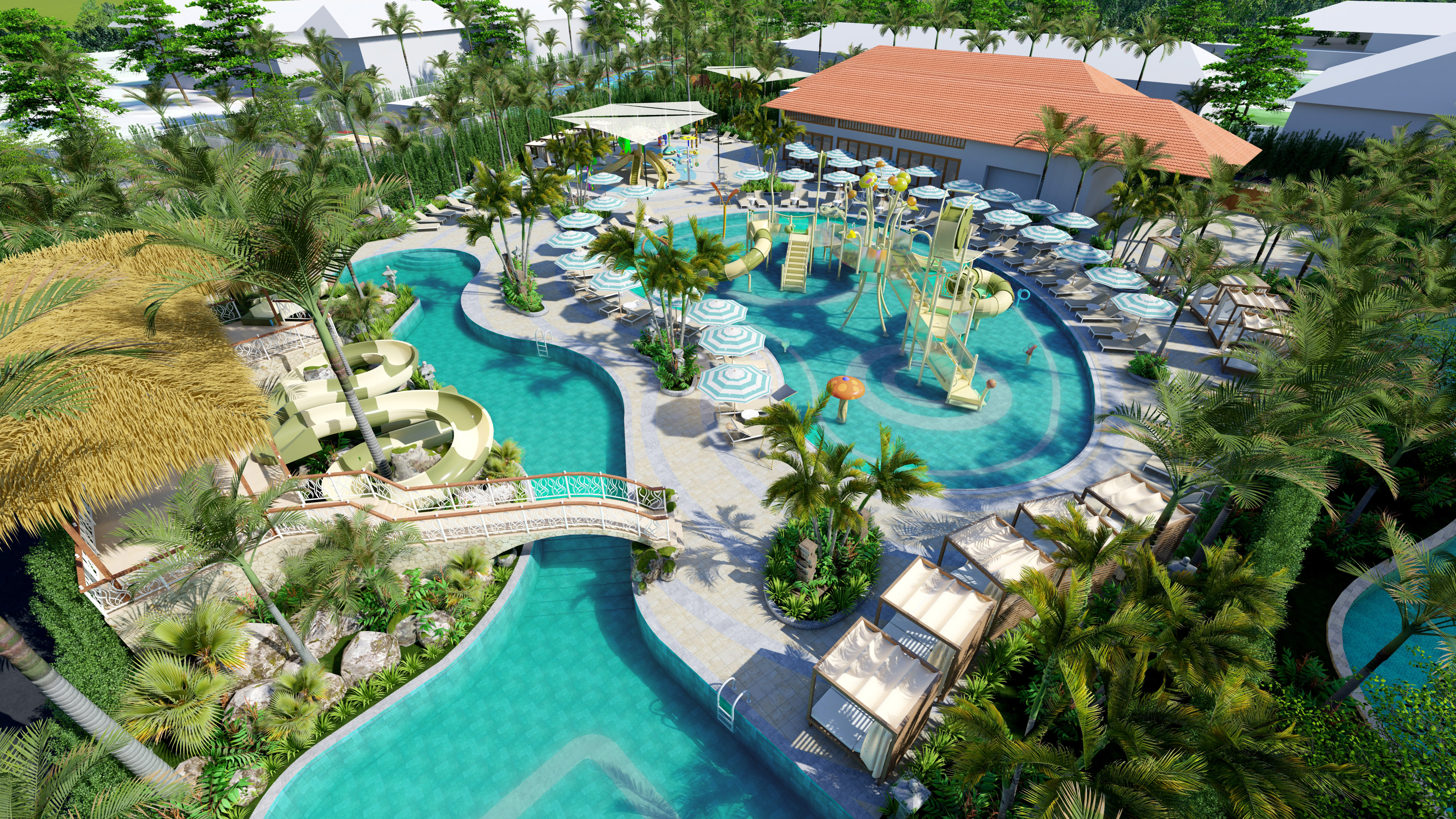 a pool with water slides and chairs and trees