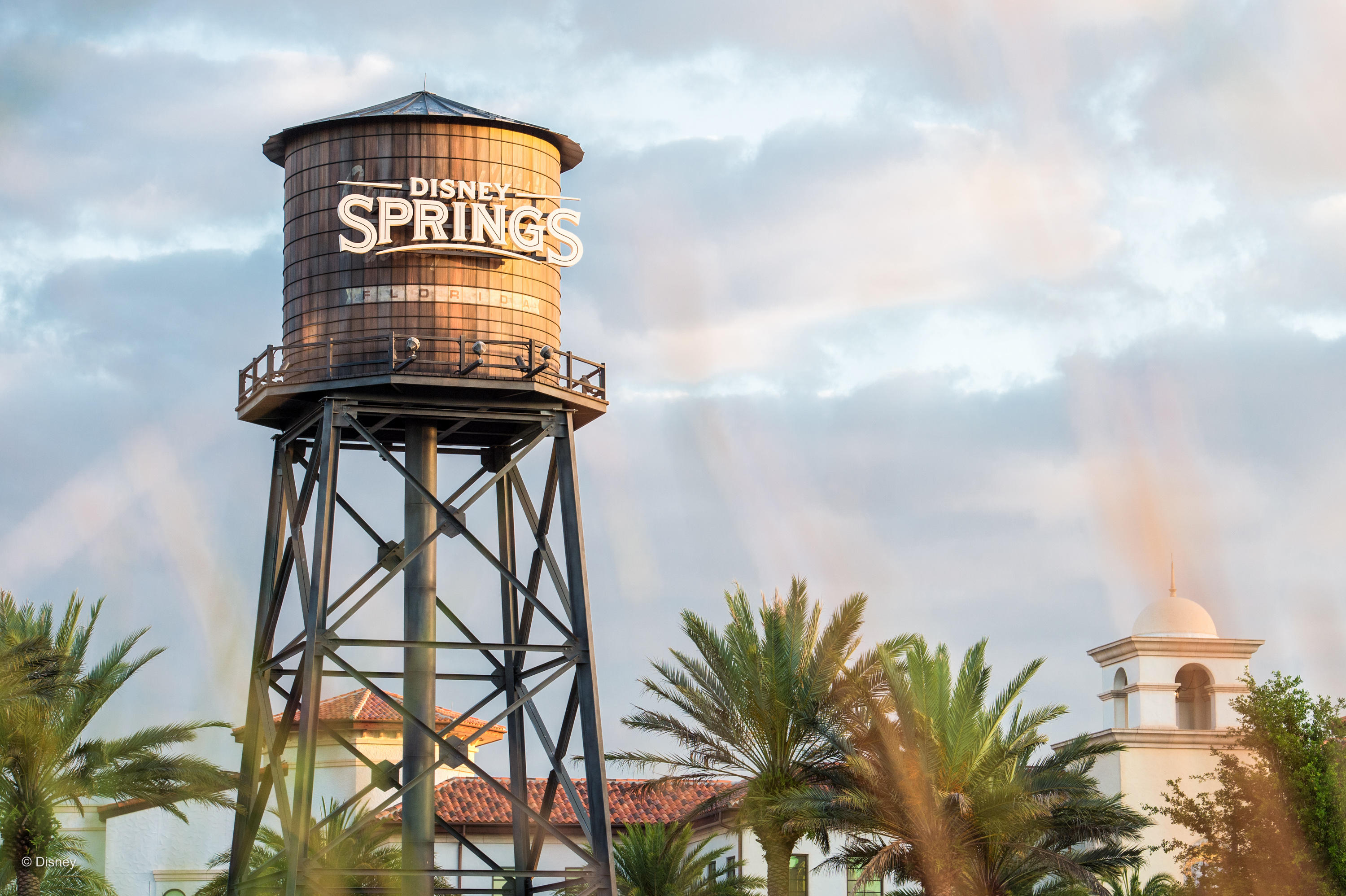 Disney Springs Orlando water tower, glowing sign, palm trees. - Walt Disney World - Meliá Orlando Celebration, Orlando
