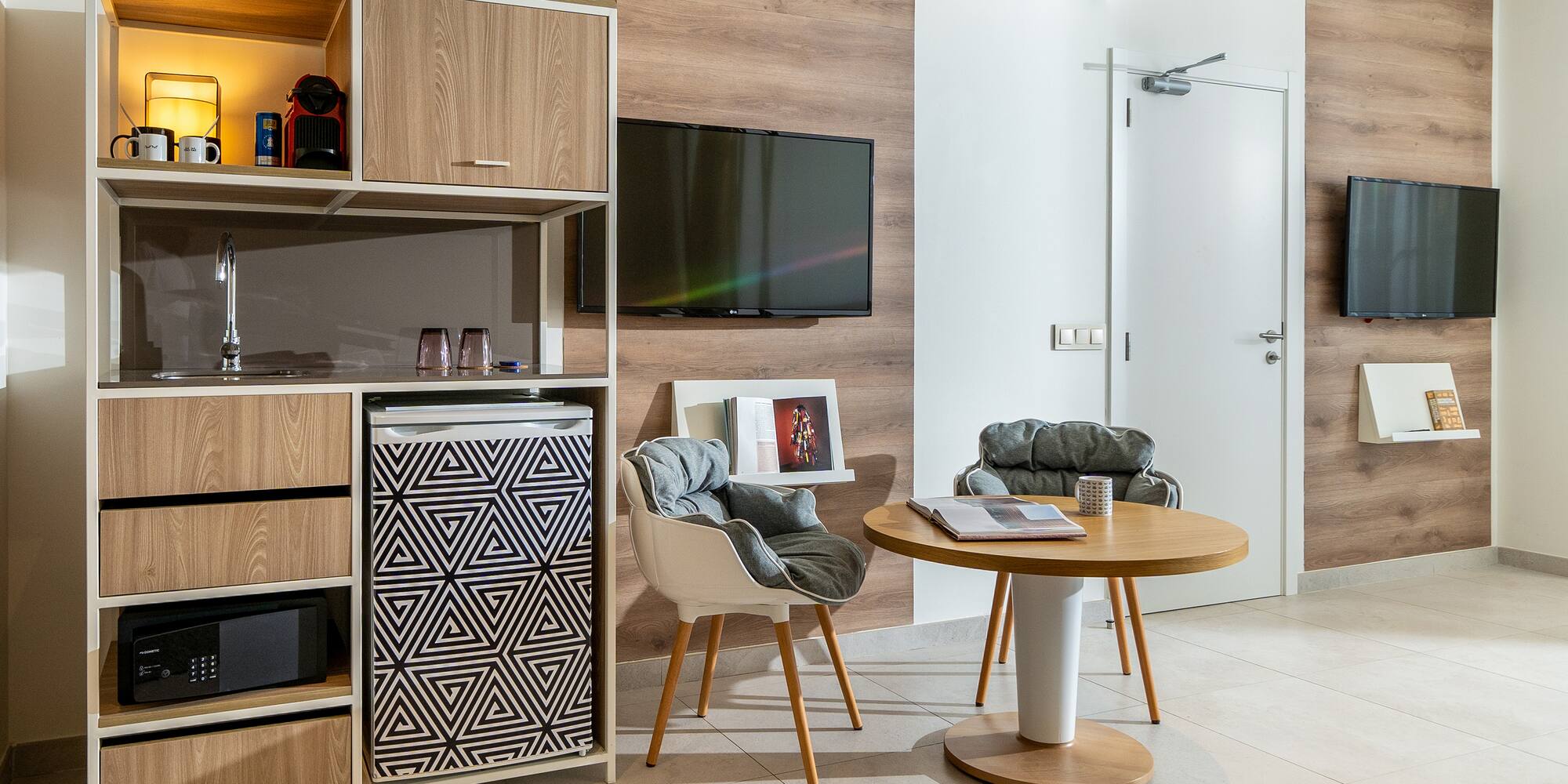 a room with a television and a table