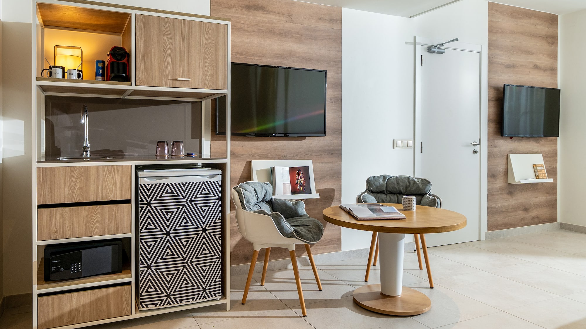 a room with a television and a table