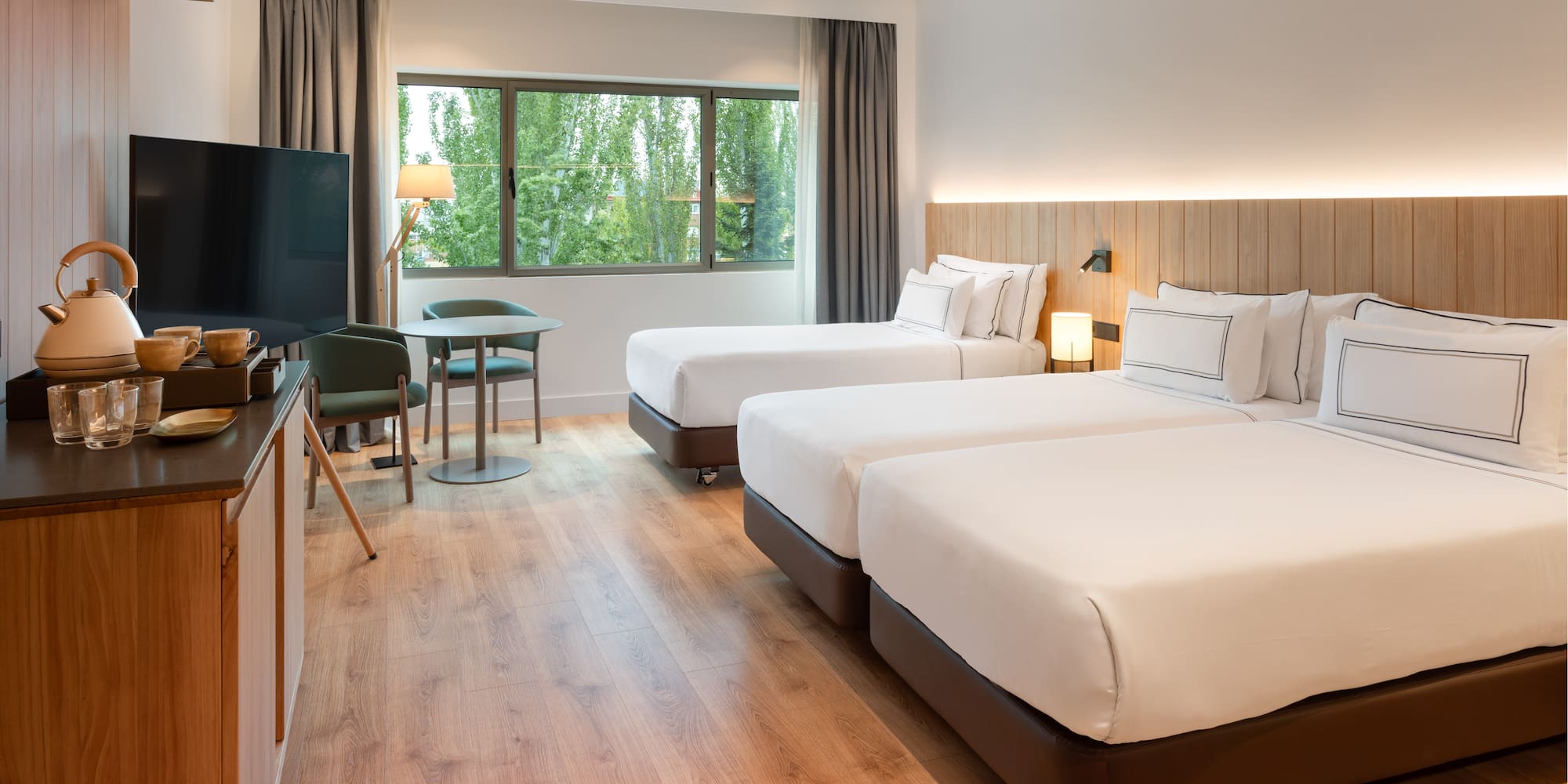 a room with two beds and a television