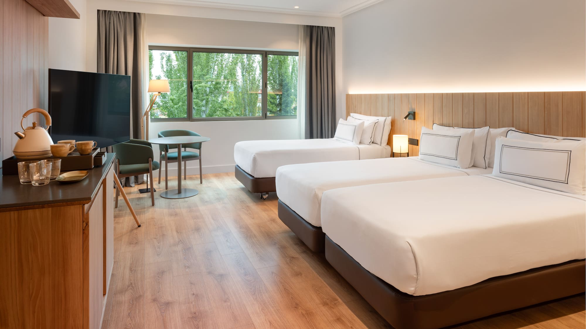 a room with two beds and a television