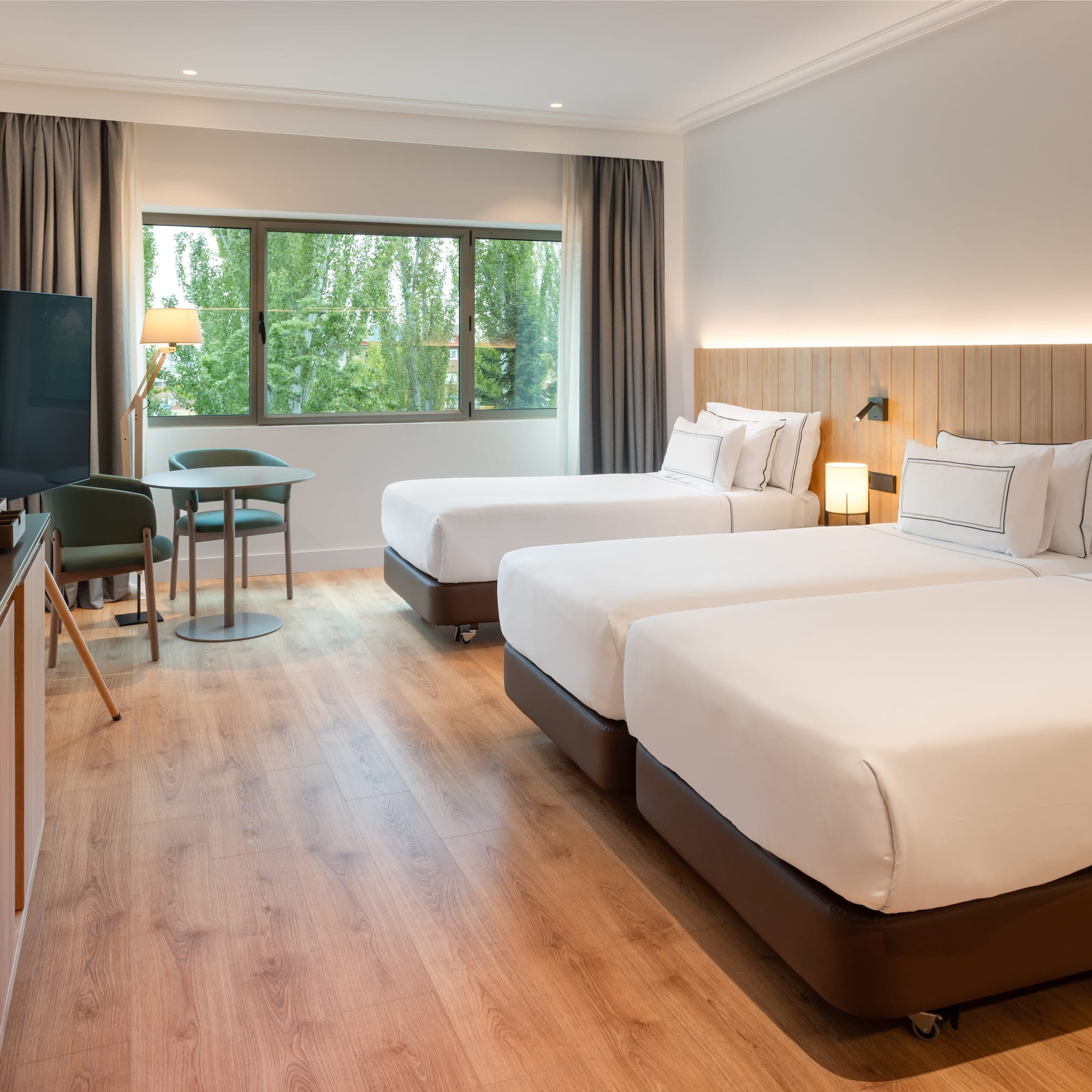 a room with two beds and a television