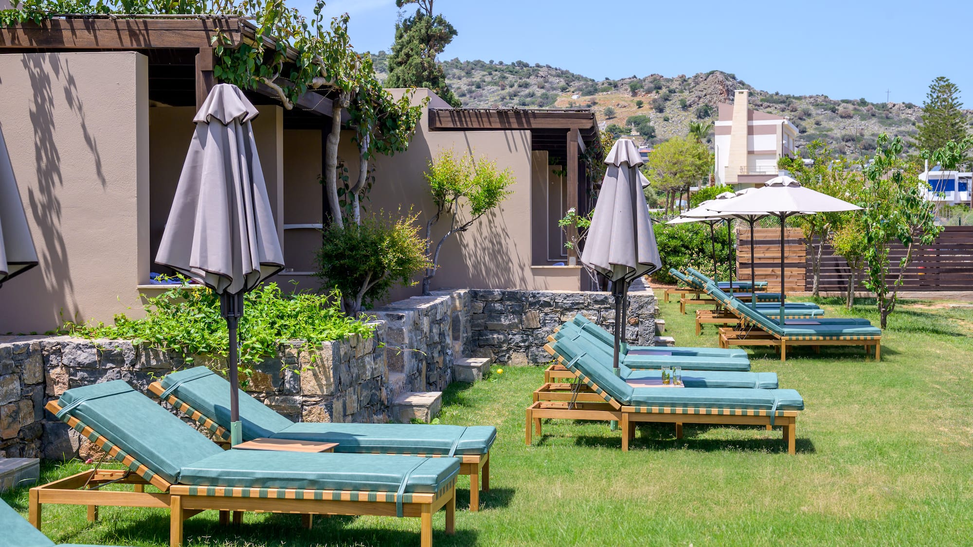 a group of lounge chairs and umbrellas in a yard.