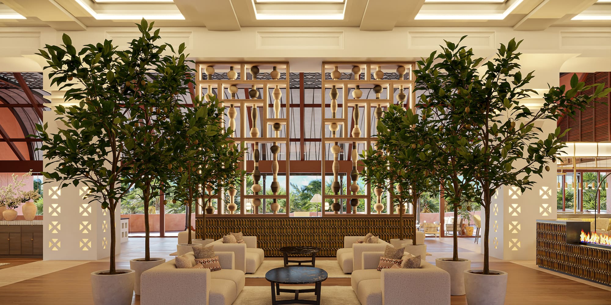 a room with a couch and trees