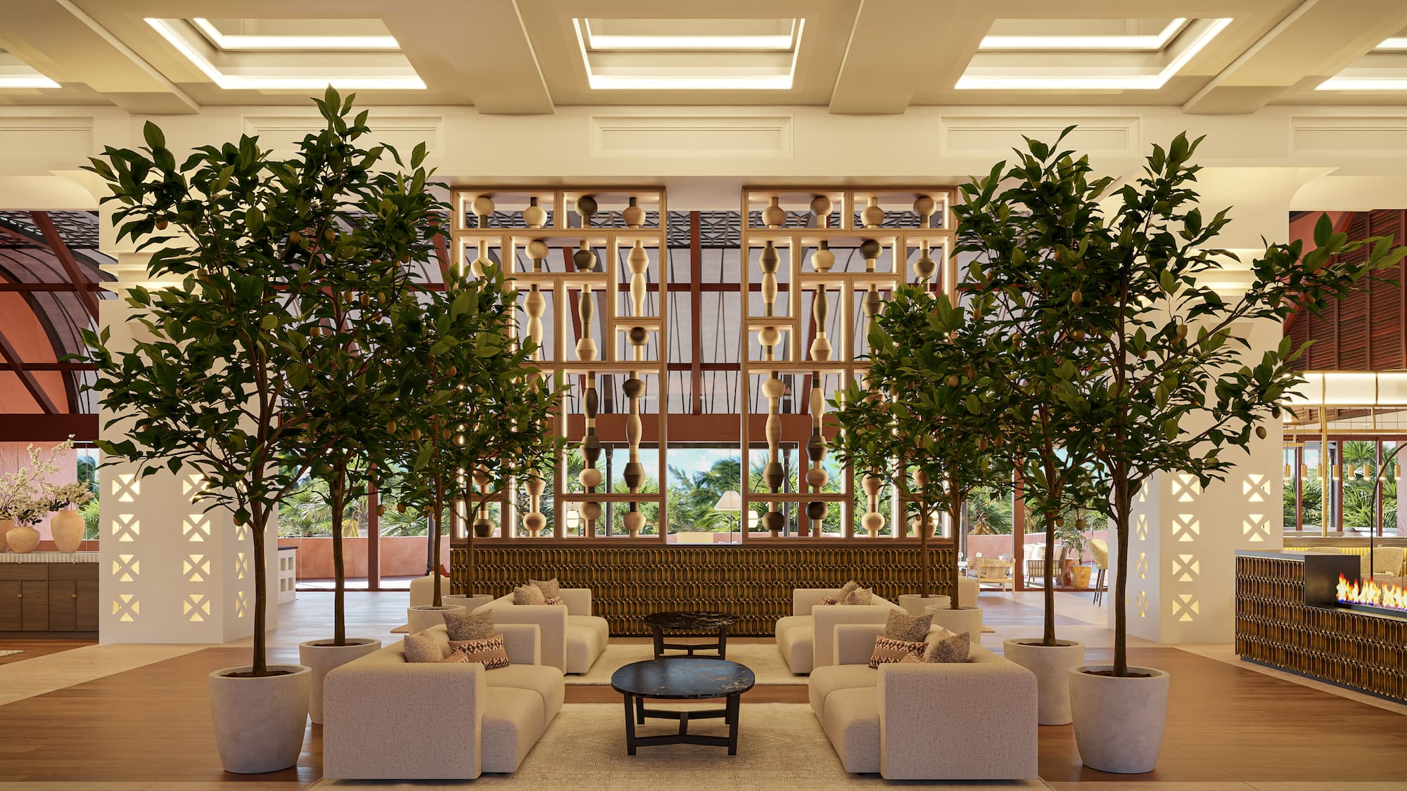 a room with a couch and trees