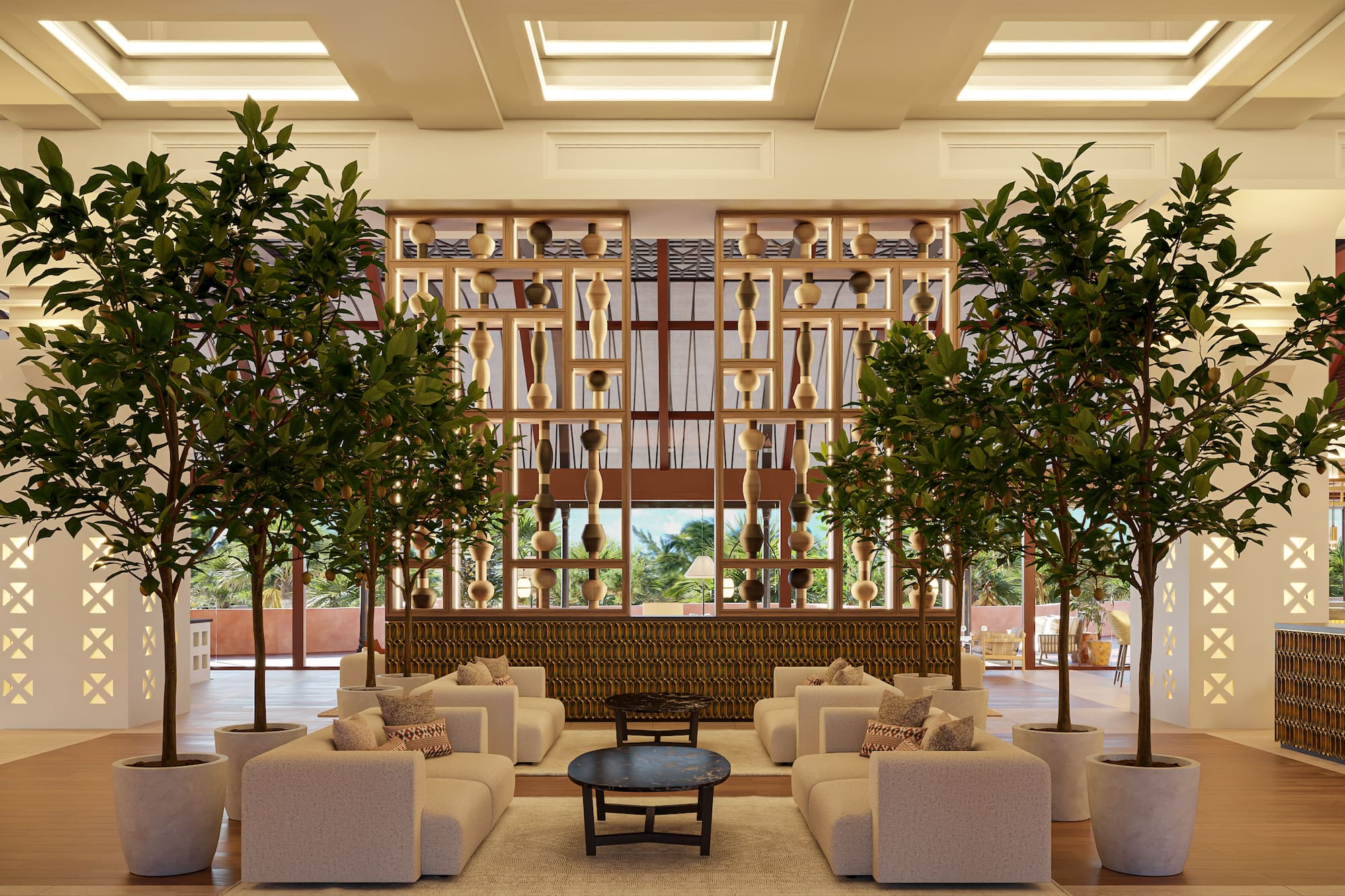 a room with a couch and trees