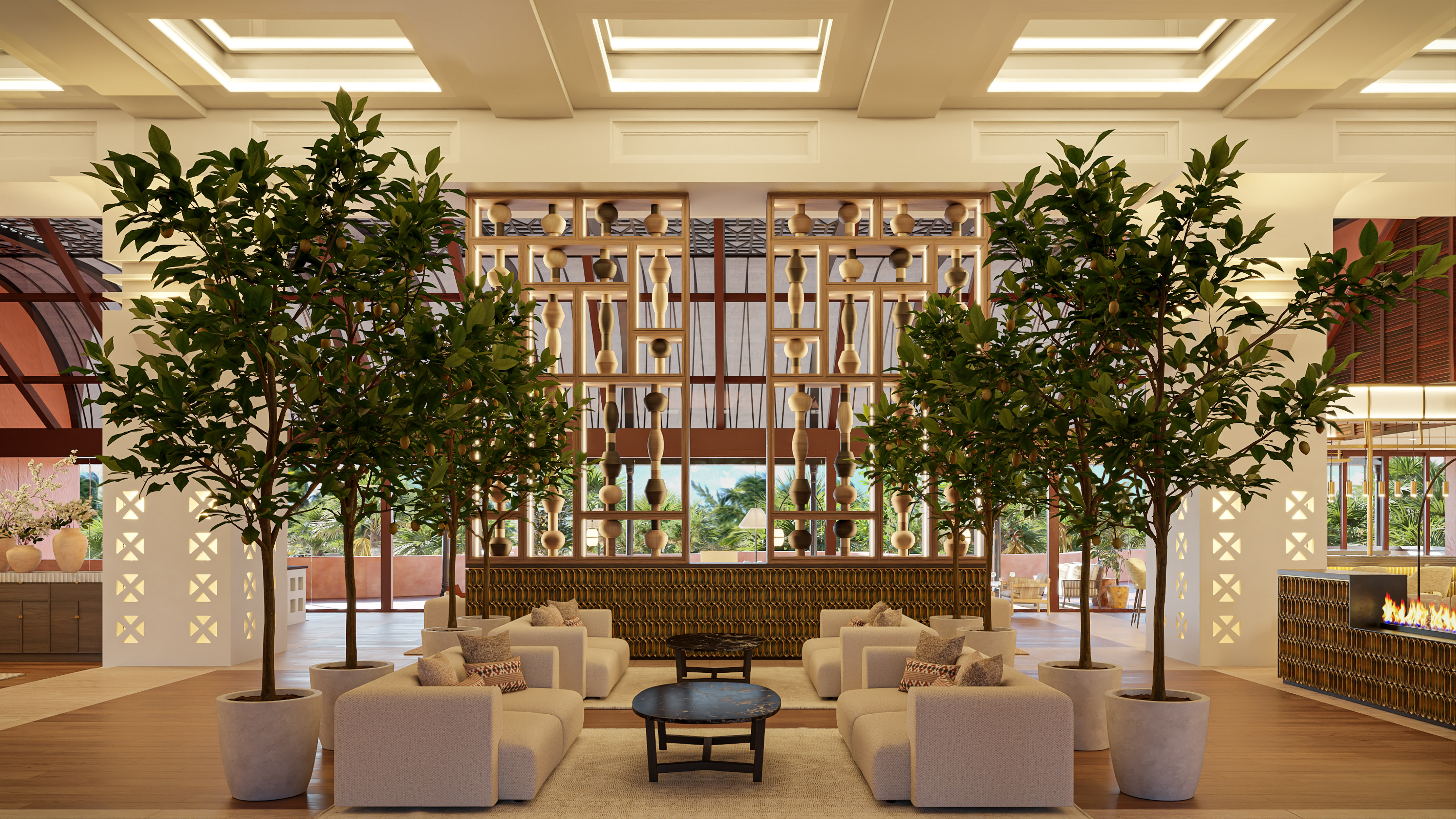 a room with a couch and trees