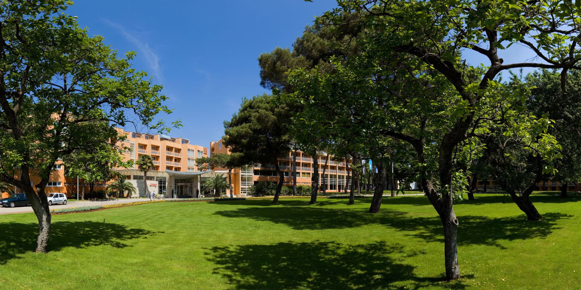 a lawn with trees and buildings in the background