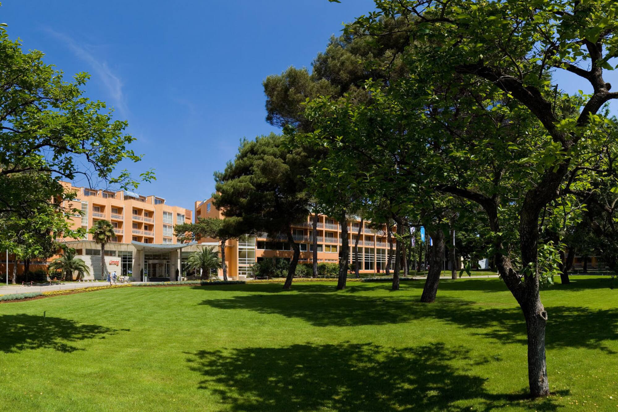 a lawn with trees and buildings in the background