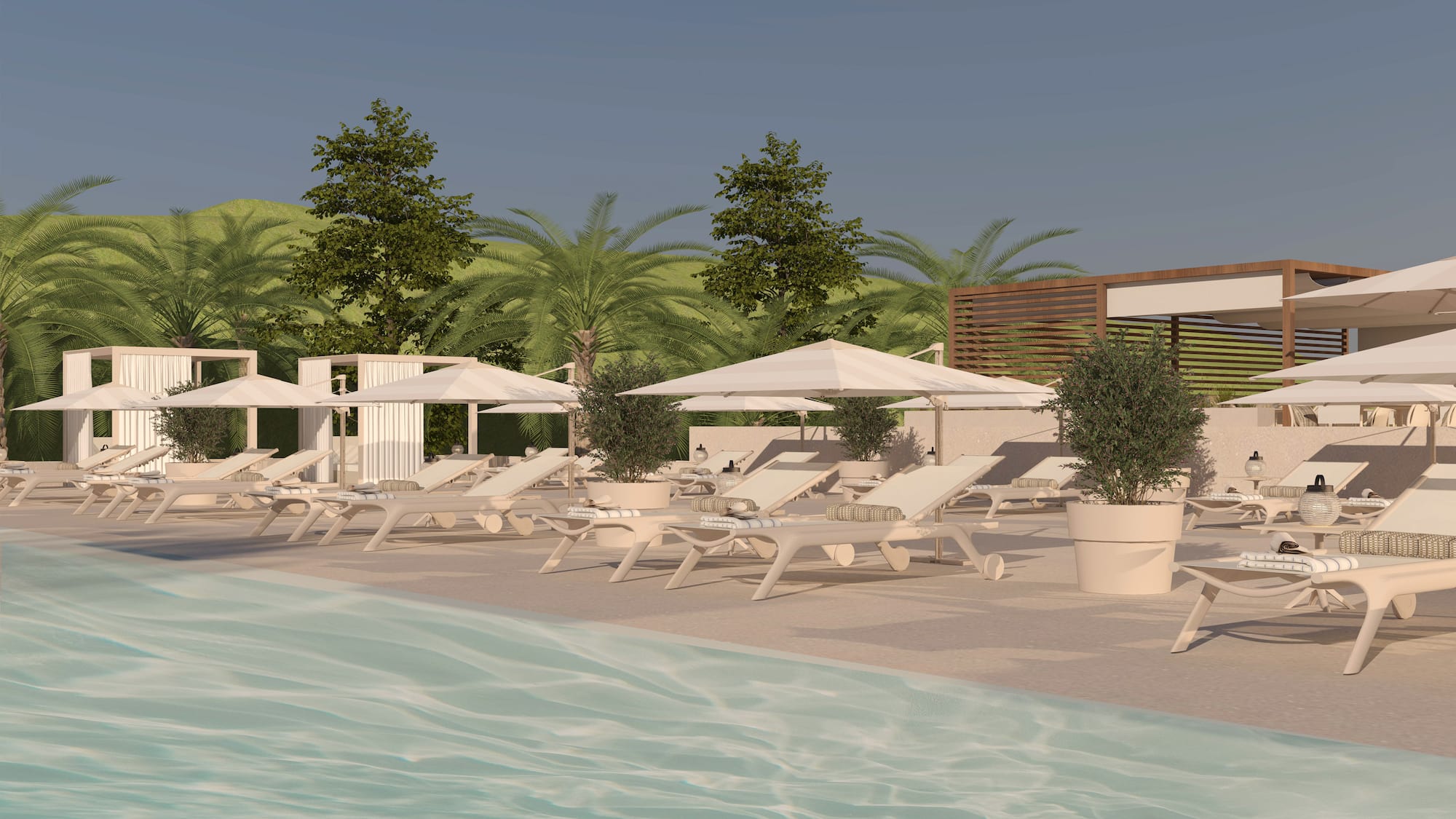 Espreguiçadeiras e guarda-sóis brancos à beira de uma piscina com palmeiras ao fundo. - Hotel Golf Santa Ponsa Meliá Collection, Maiorca