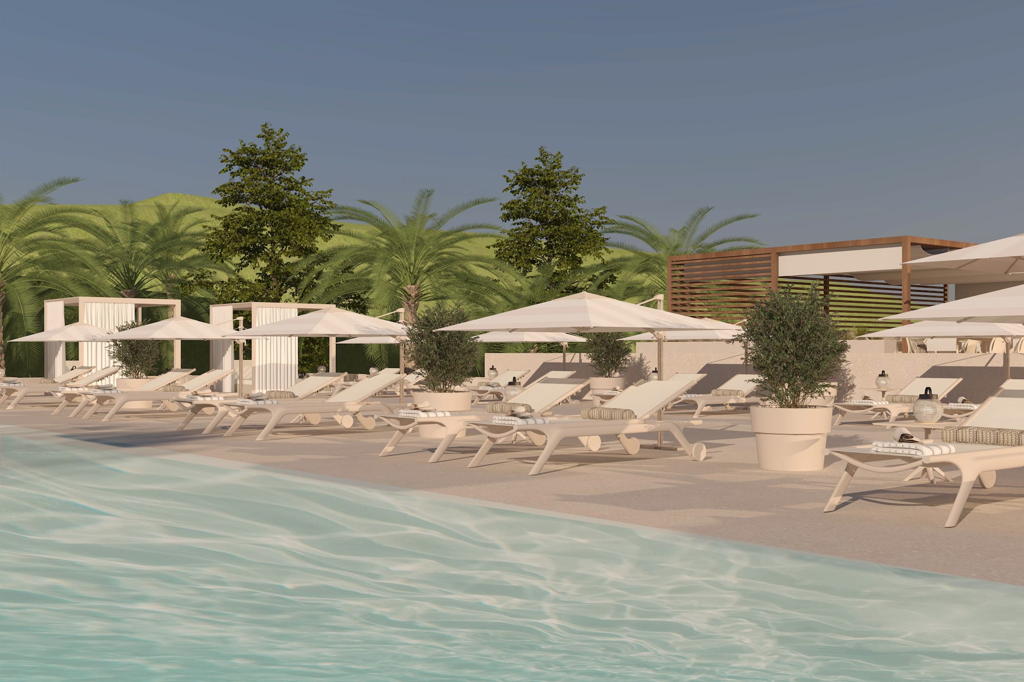Moderne Pool-Lounge mit Sonnenliegen und Sonnenschirmen am Strand. - Hotel Golf Santa Ponsa Meliá Collection, Mallorca