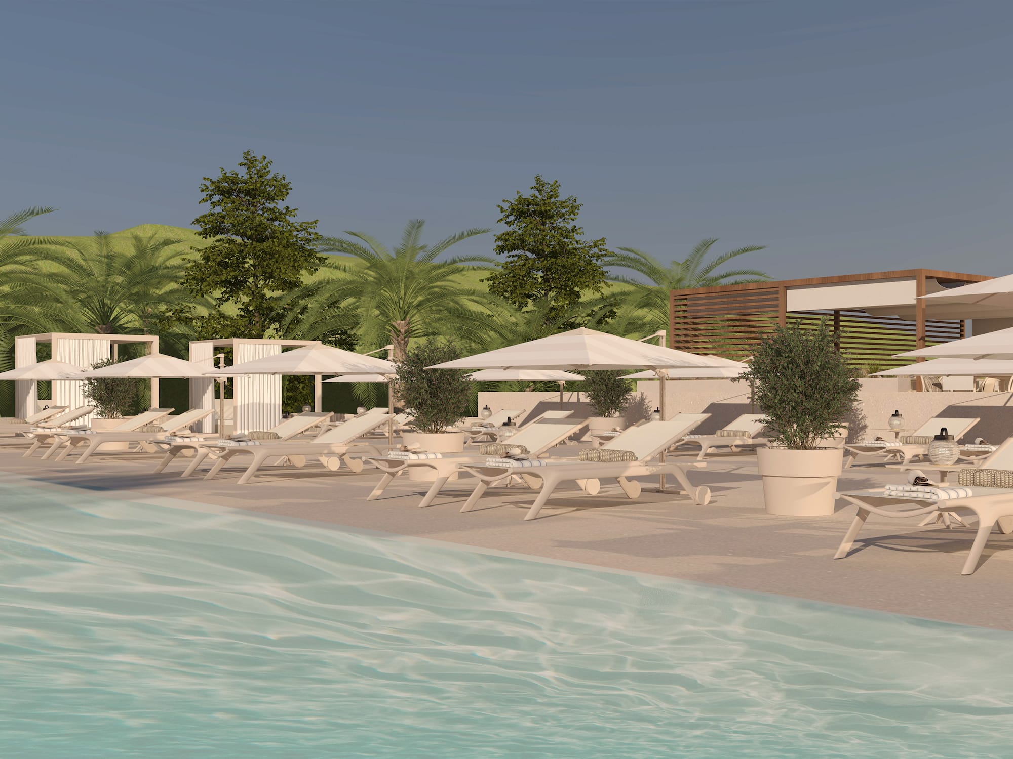 Tumbonas blancas y sombrillas junto a piscina tropical con palmeras. - Legado mallorquín de lujo - Hotel Golf Santa Ponsa Meliá Collection, Mallorca