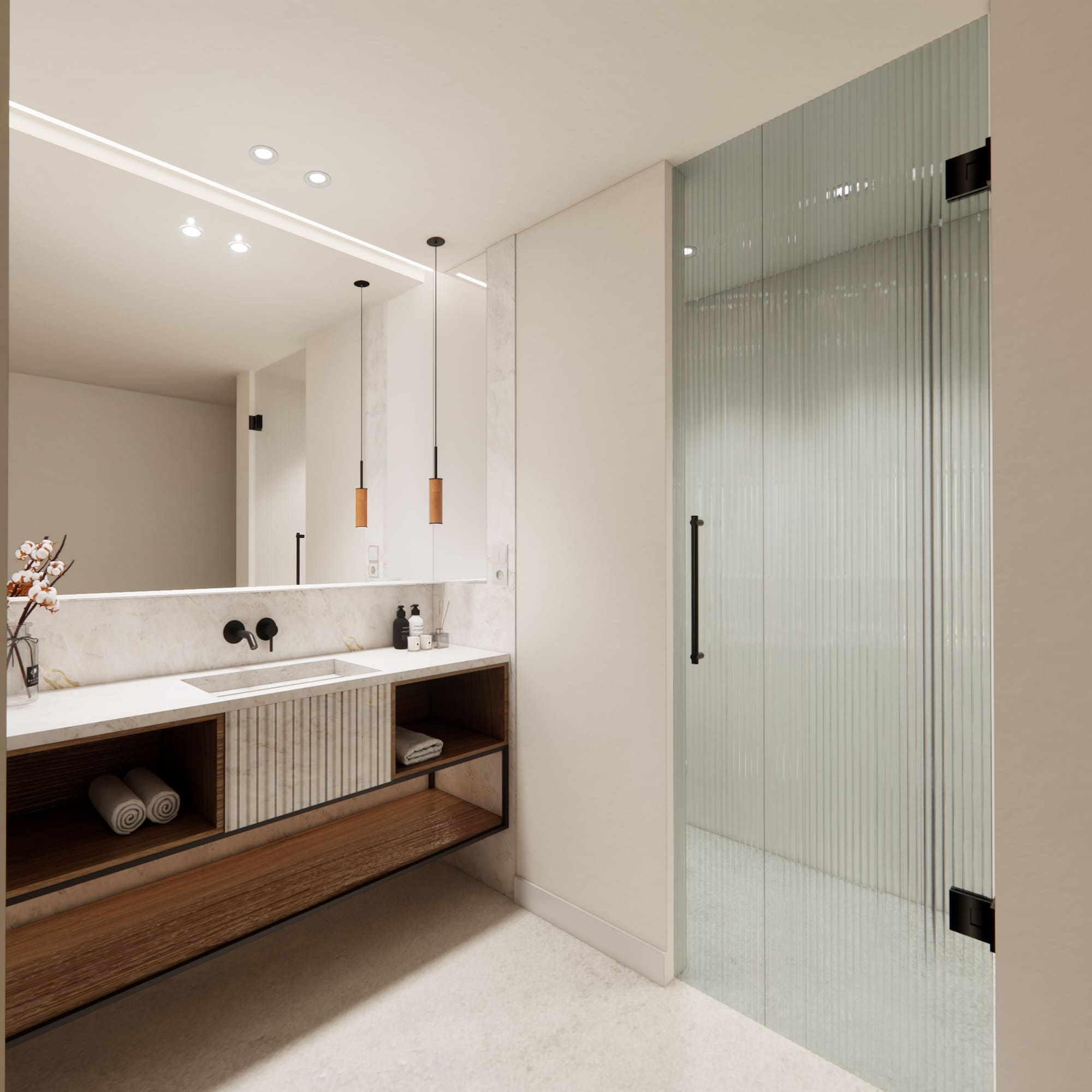Modernes Badezimmer mit Waschtisch aus Holz und Glasdusche. - Superior Room mit Balkon und Gartenblick - Hotel Golf Santa Ponsa Meliá Collection, Mallorca