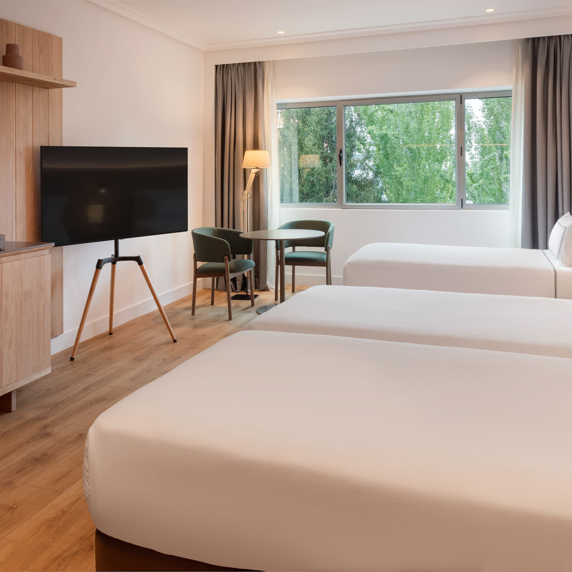 a room with two beds and a television