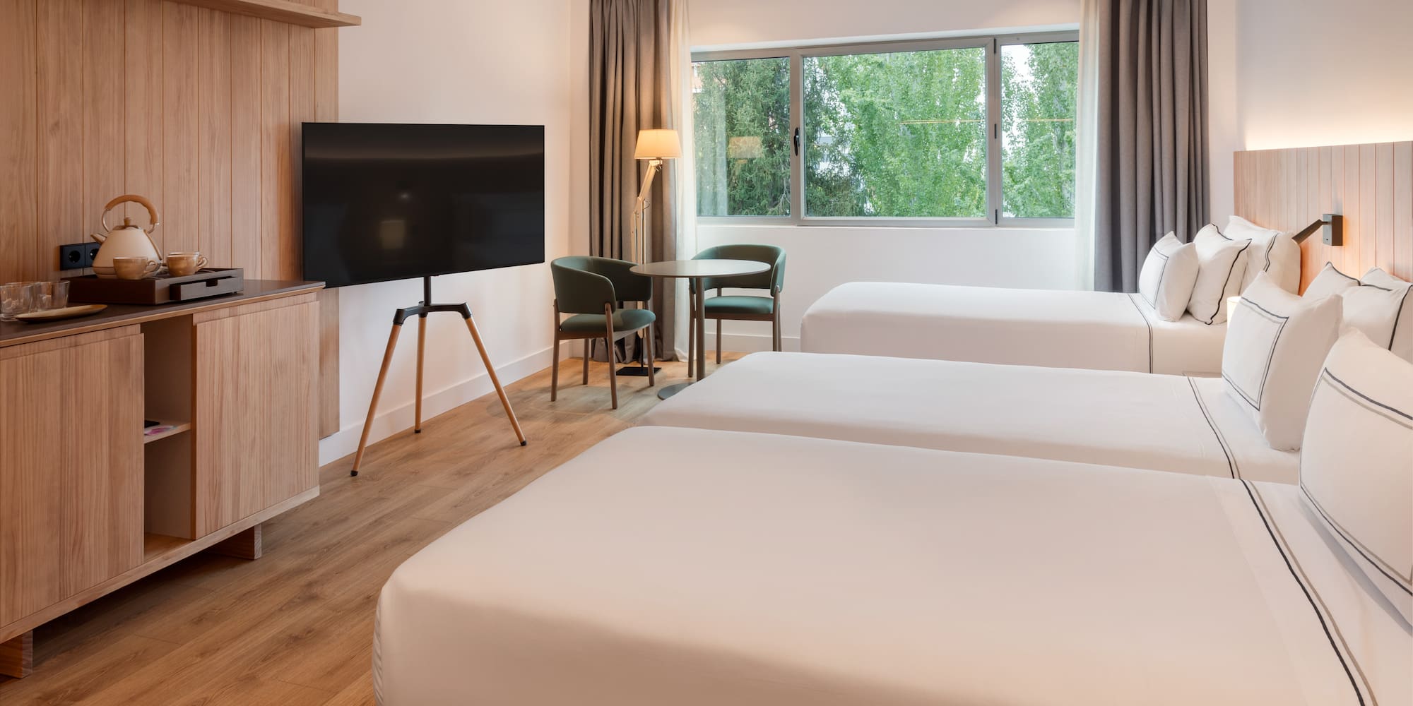 a room with two beds and a television