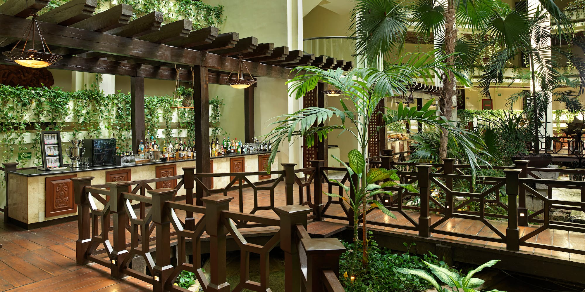 a patio with plants and a wooden deck