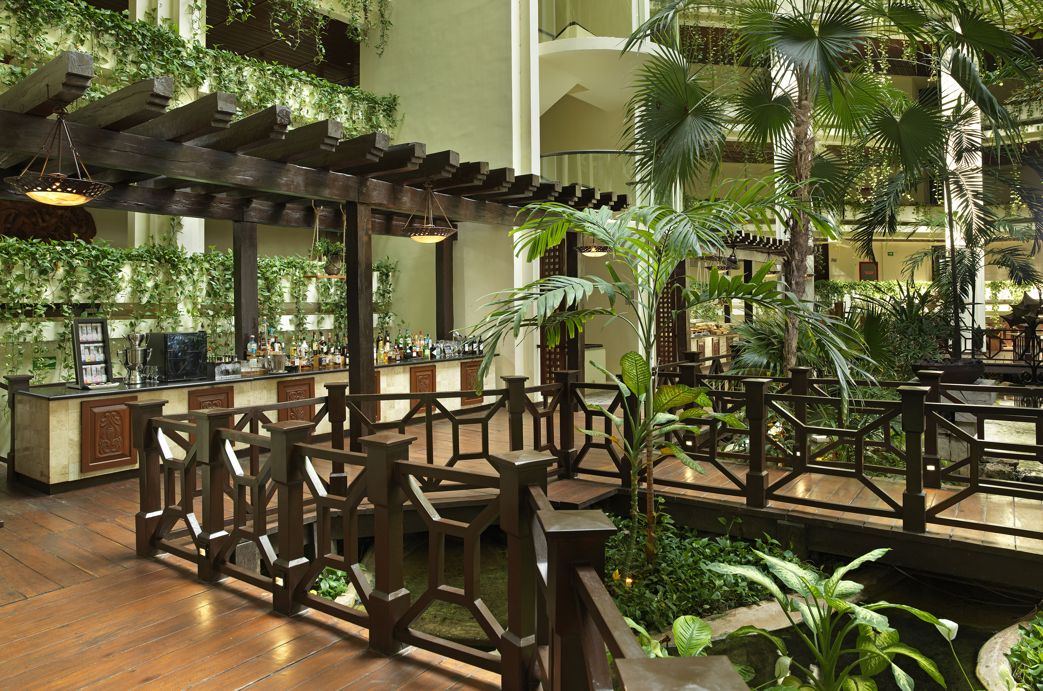 a patio with plants and a wooden deck