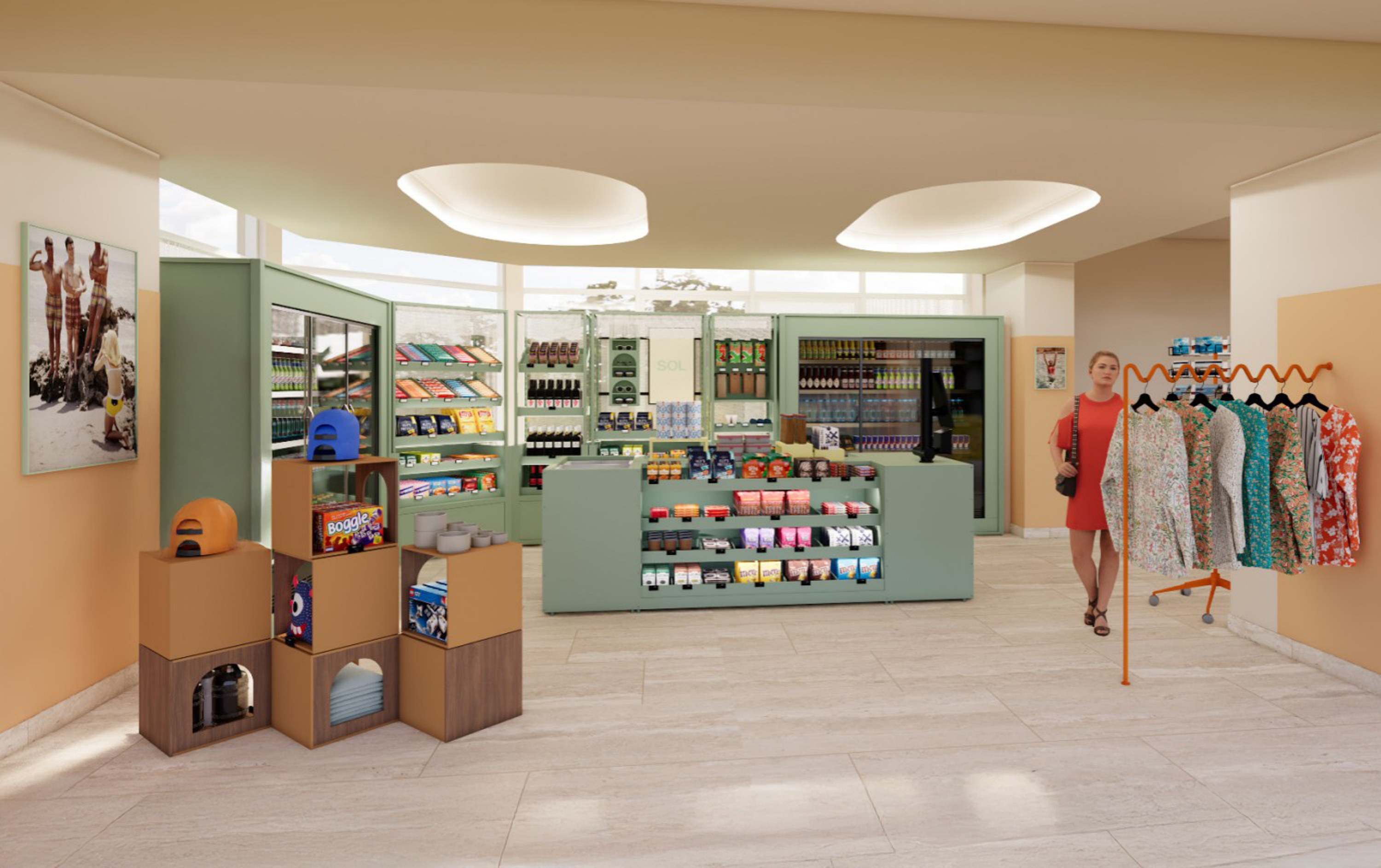 a woman in a red dress in a store