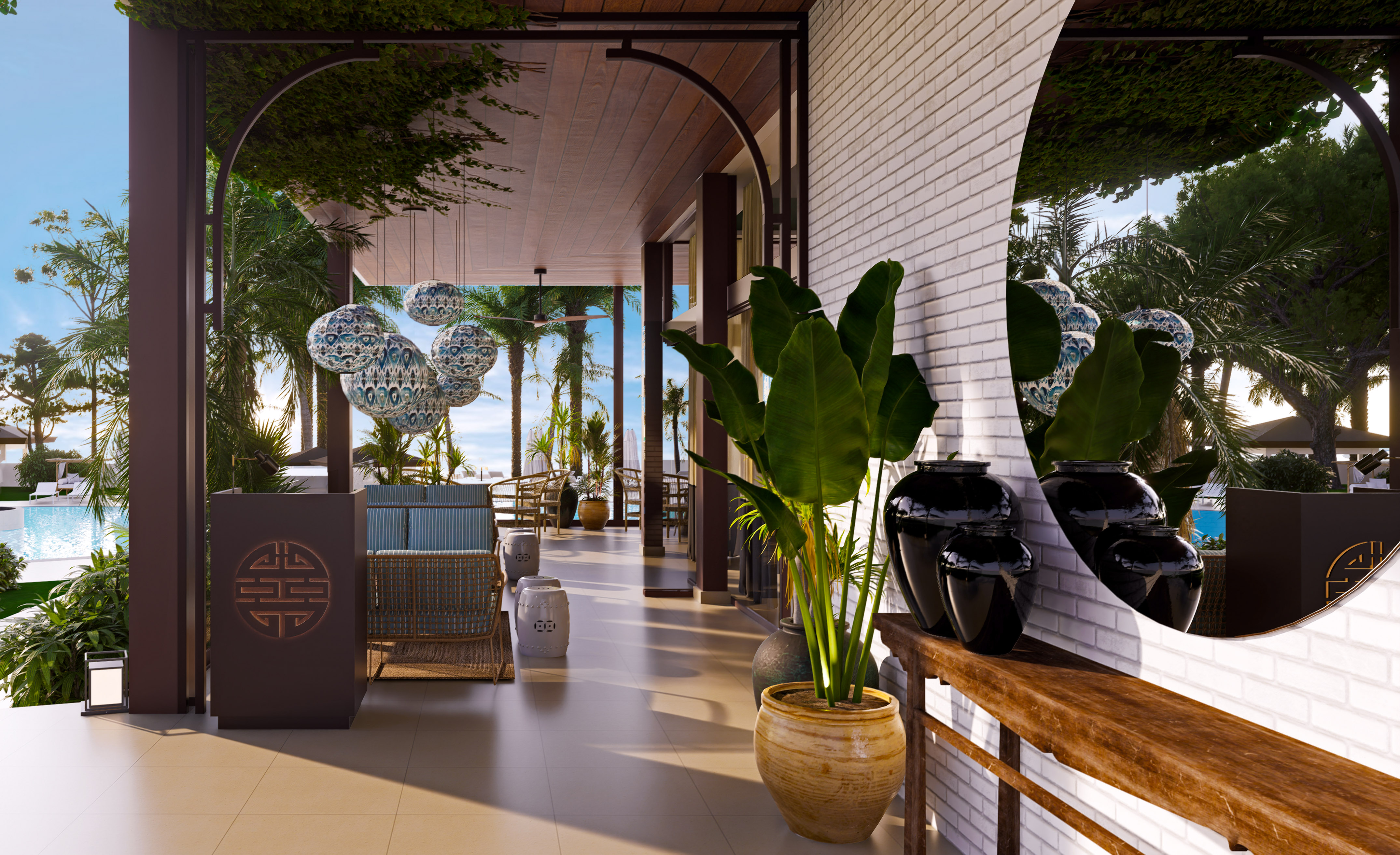Modern tropical resort lounge, Asian lanterns, lush plants, and pool patio view.