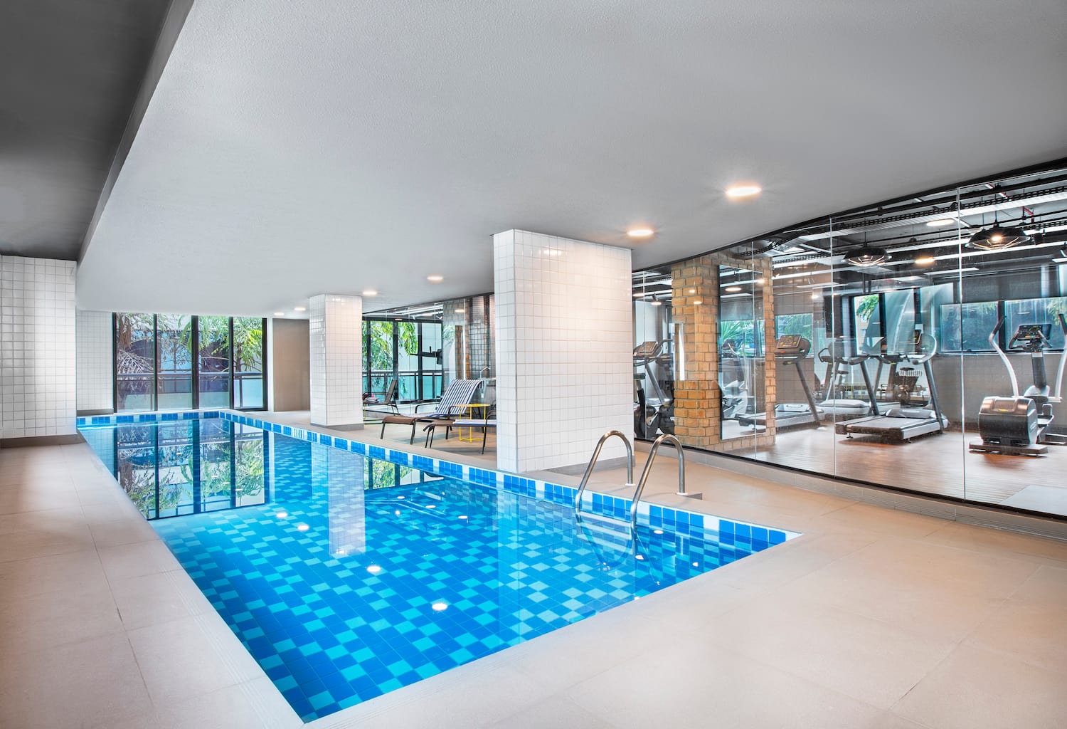a swimming pool inside a building