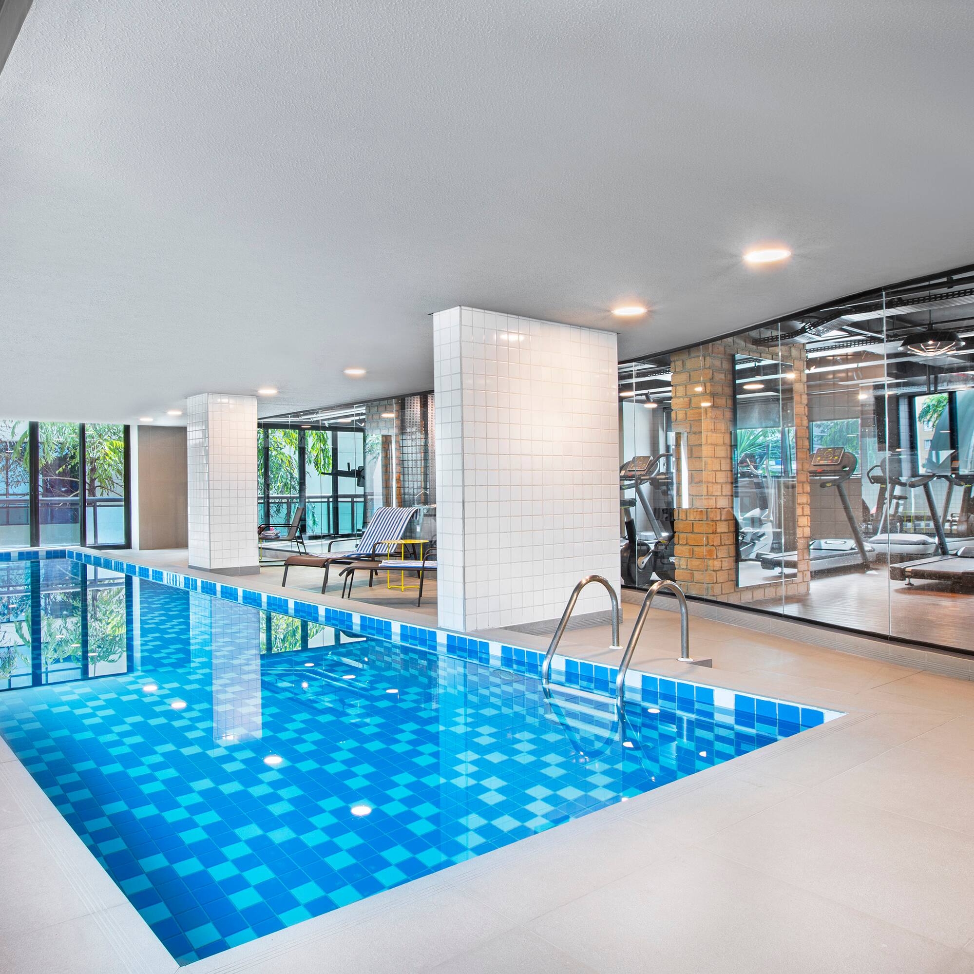 a swimming pool inside a building