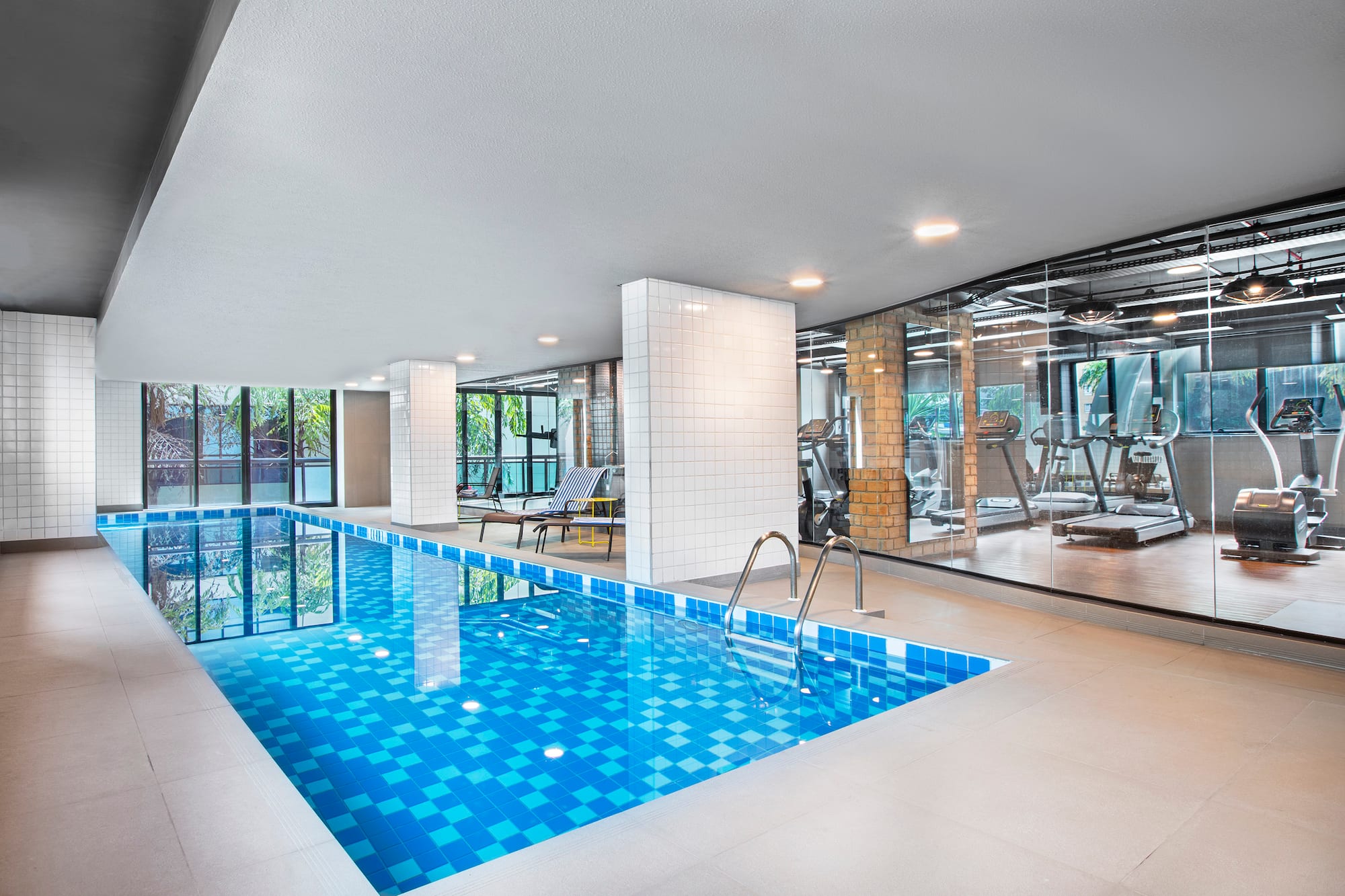 a swimming pool inside a building
