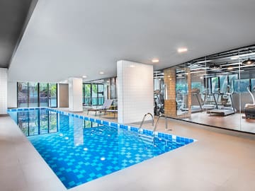 a swimming pool inside a building