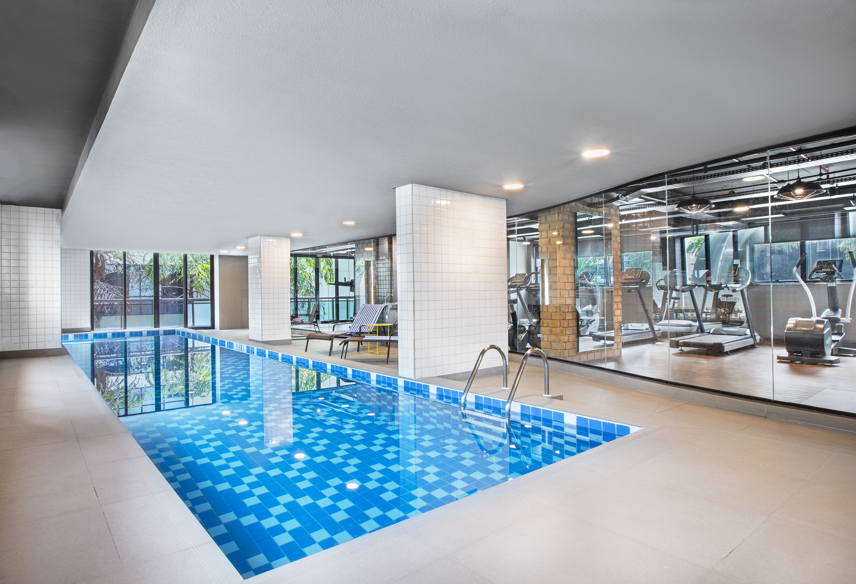 a swimming pool inside a building