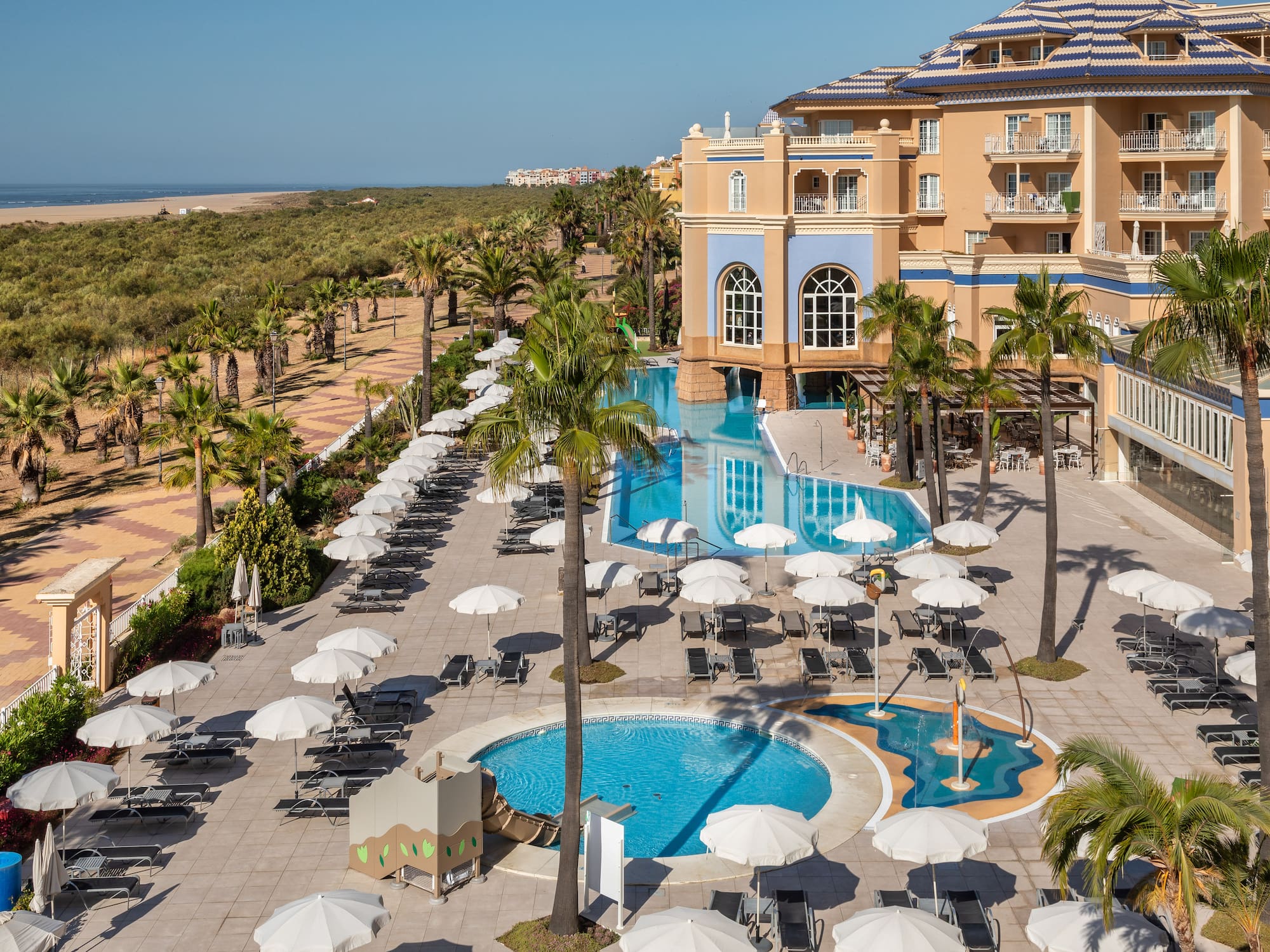Sunny beachfront resort hotel with pools, palm trees, loungers, and ocean.