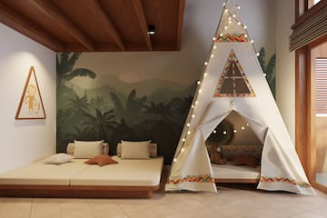 a room with a teepee bed and a bed and a bed