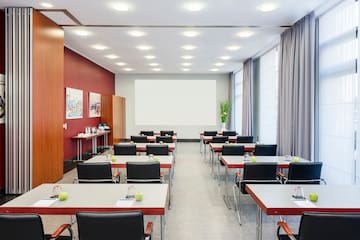a room with tables and chairs
