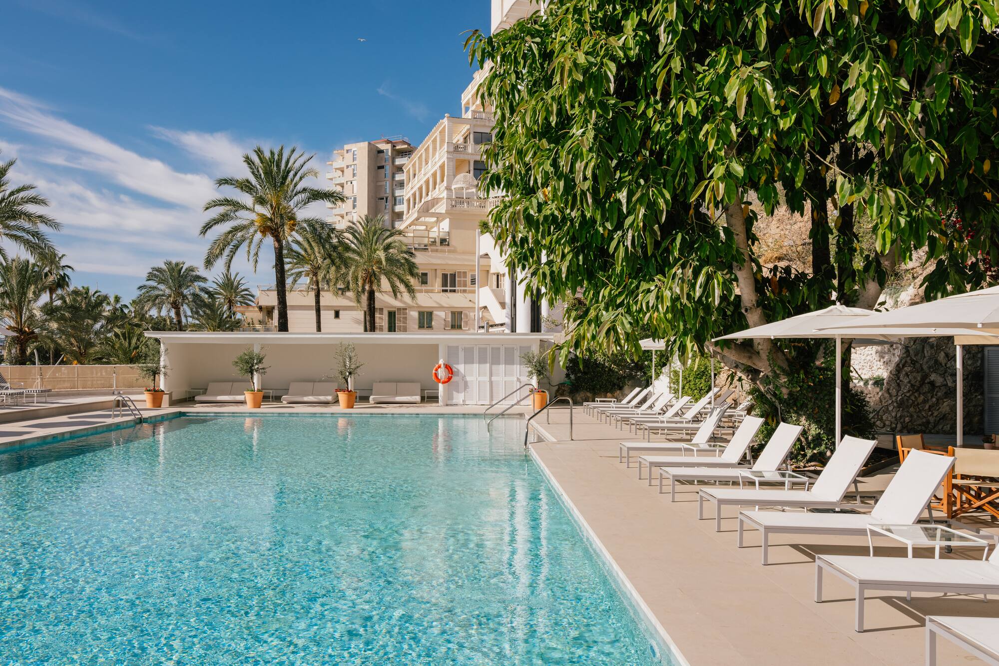 Resort swimming pool with white lounge chairs, palm trees, and hotel building.