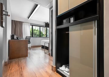 a room with a closet and a bed