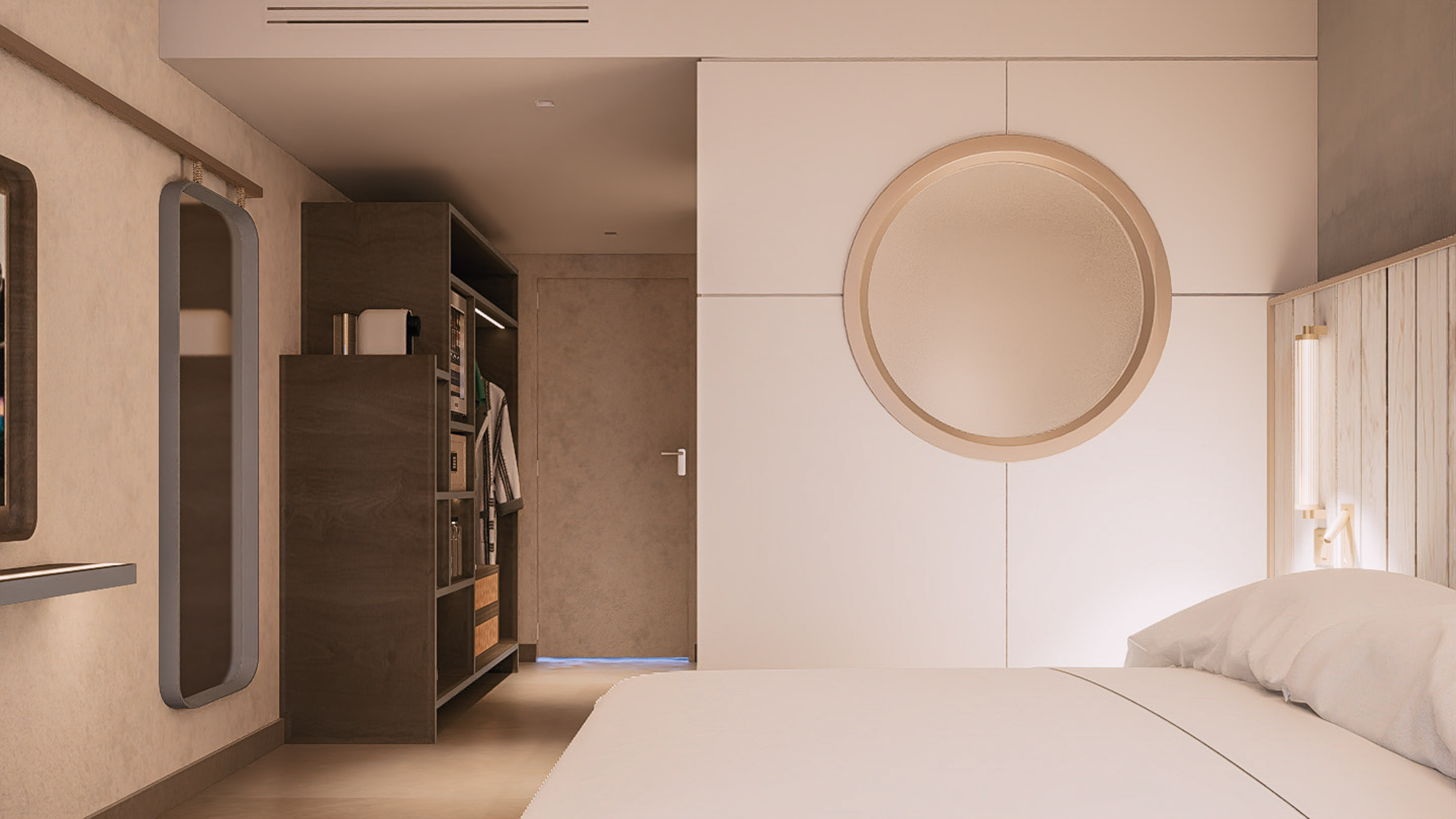 a room with a round mirror