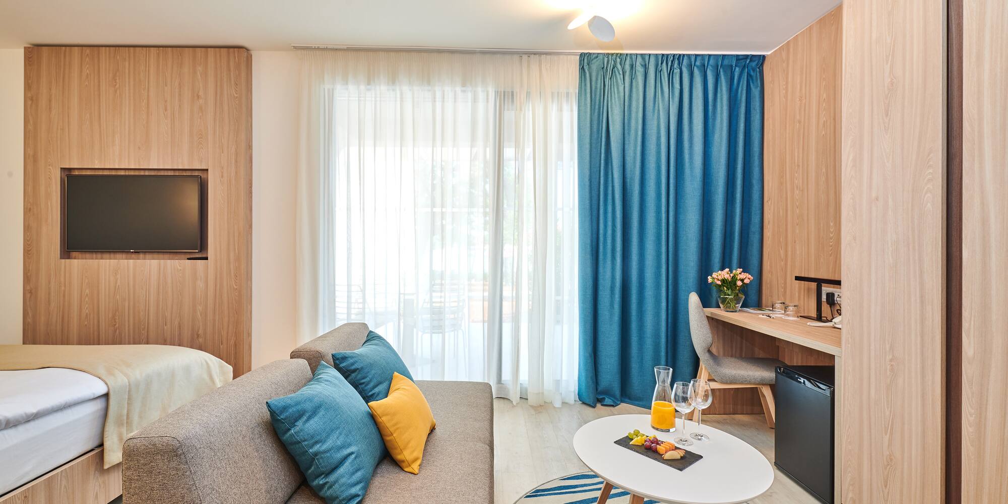 a room with a couch and a table