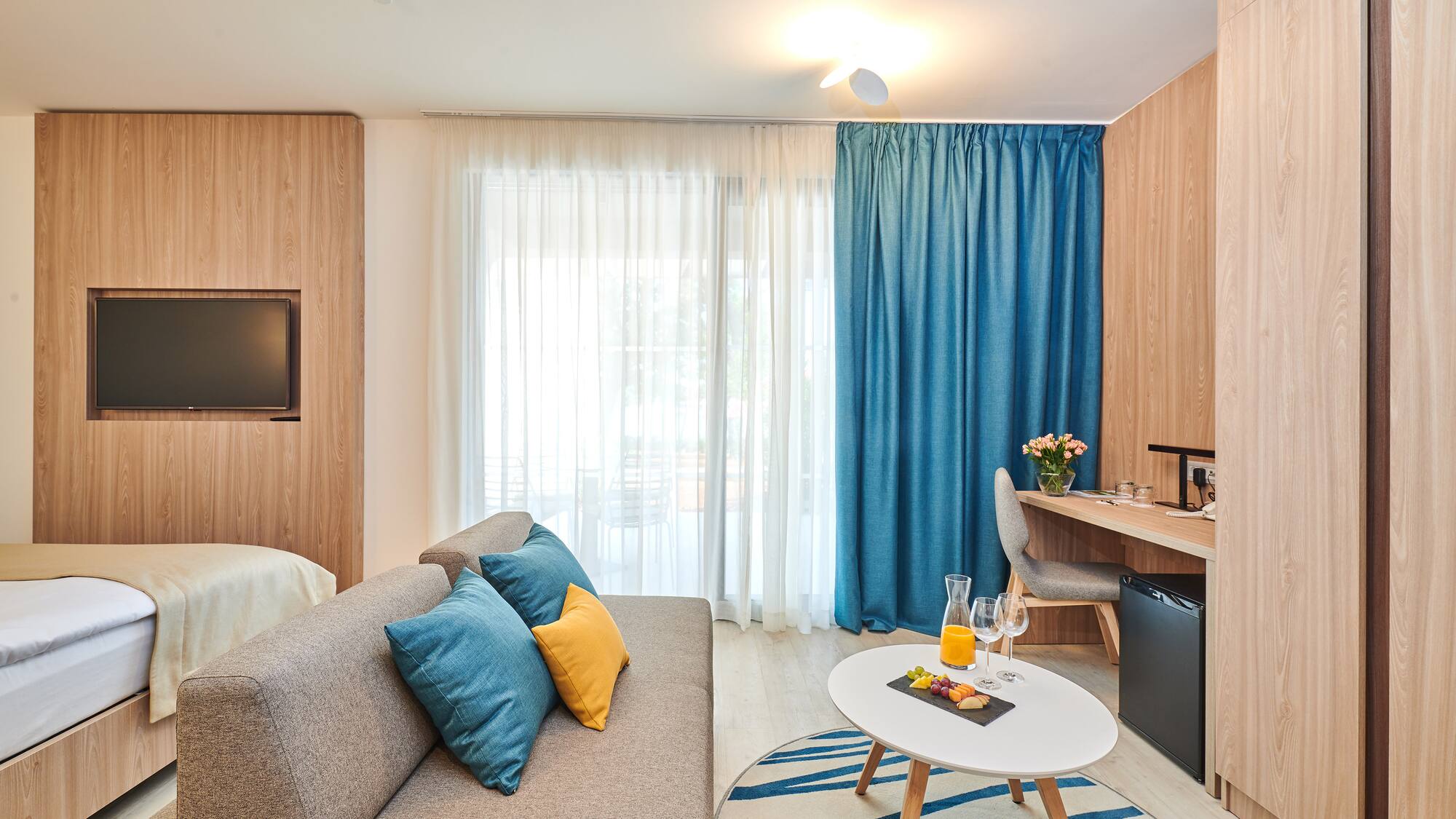 a room with a couch and a table