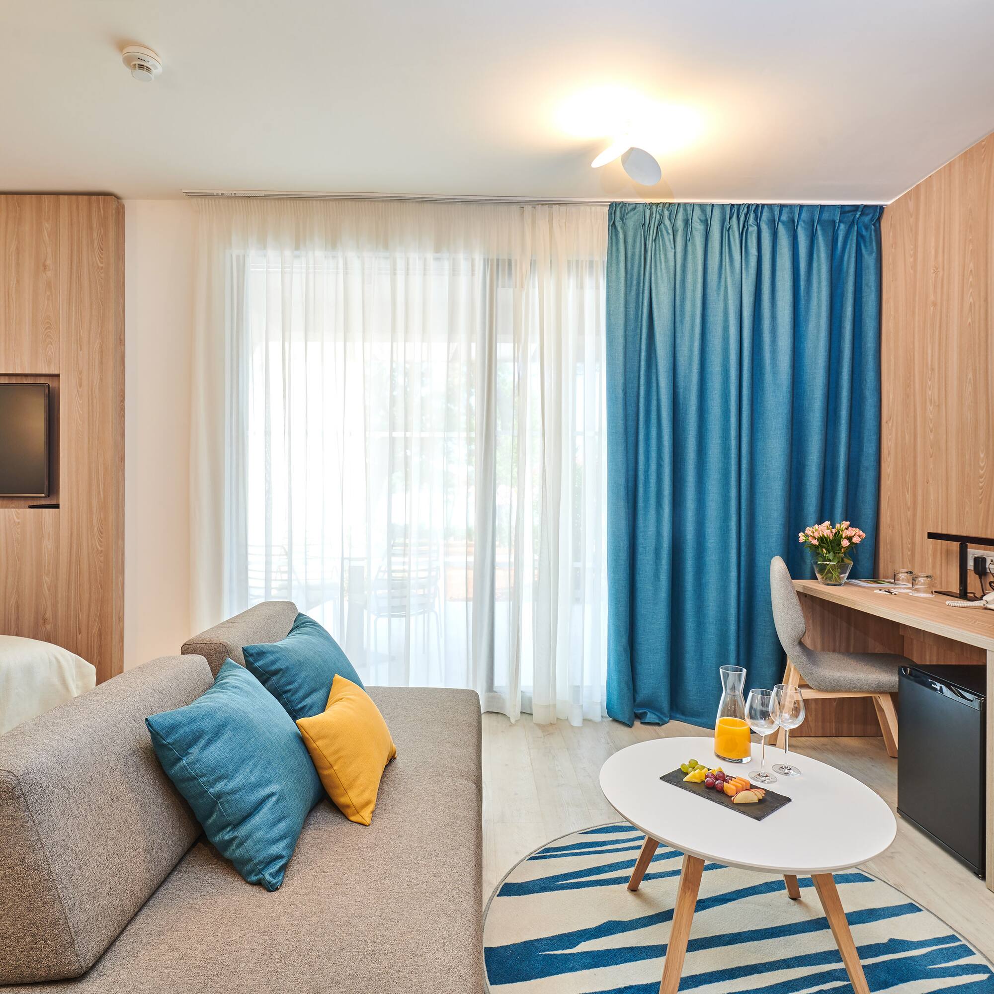 a room with a couch and a table