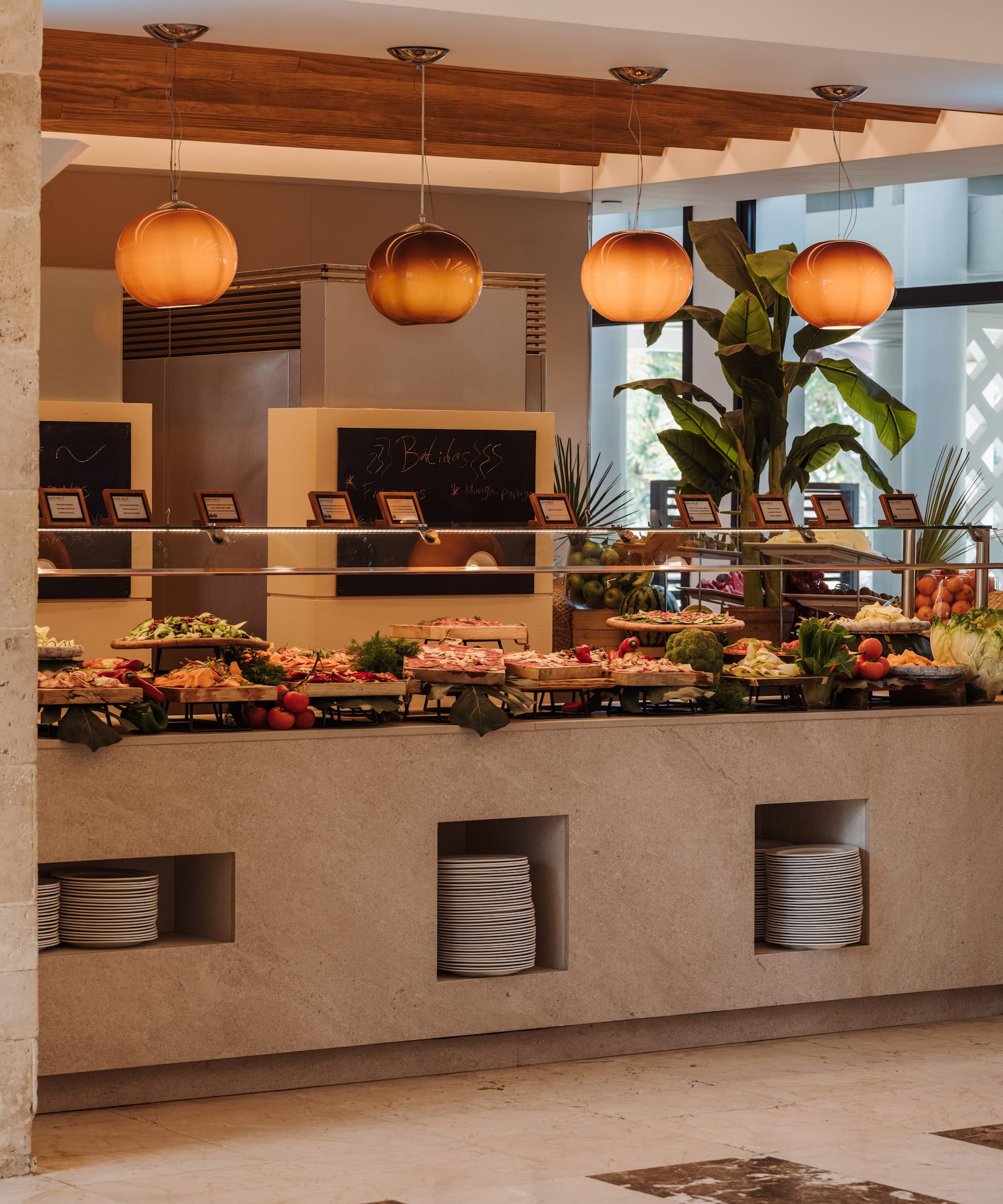 a buffet with food on it