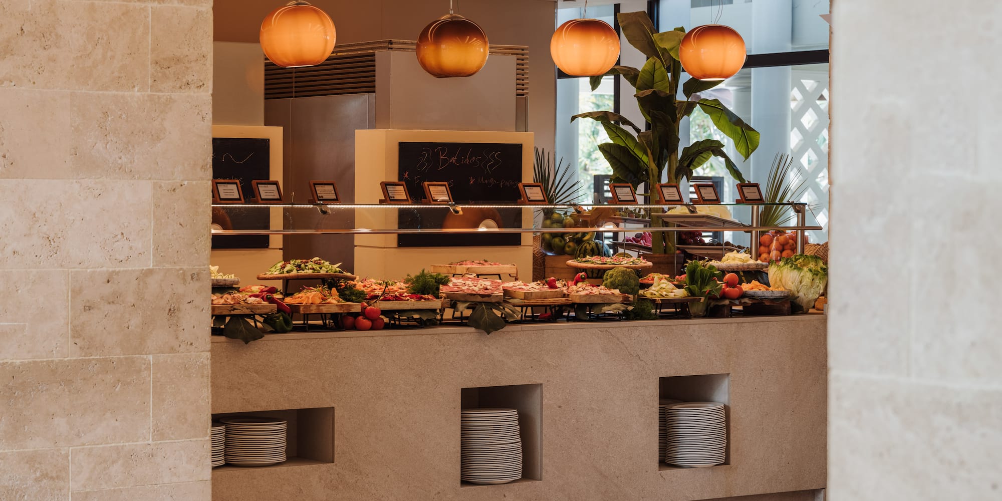 a buffet with food on it