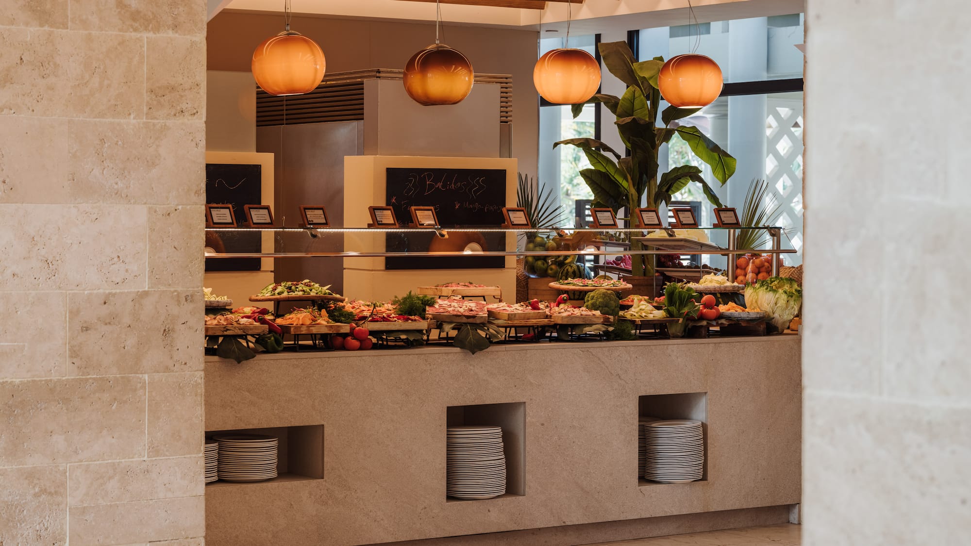 a buffet with food on it