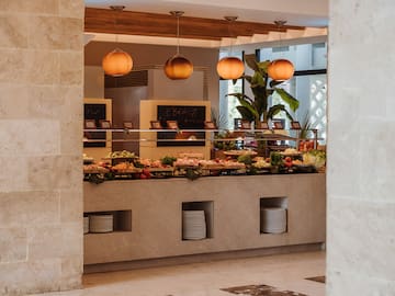 a buffet with food on it