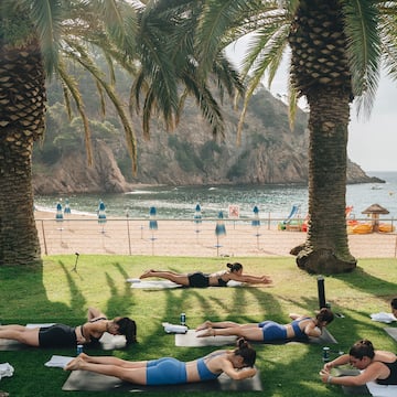 a group of people lying on mats on grass next to palm trees