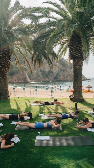a group of people lying on mats on grass next to palm trees