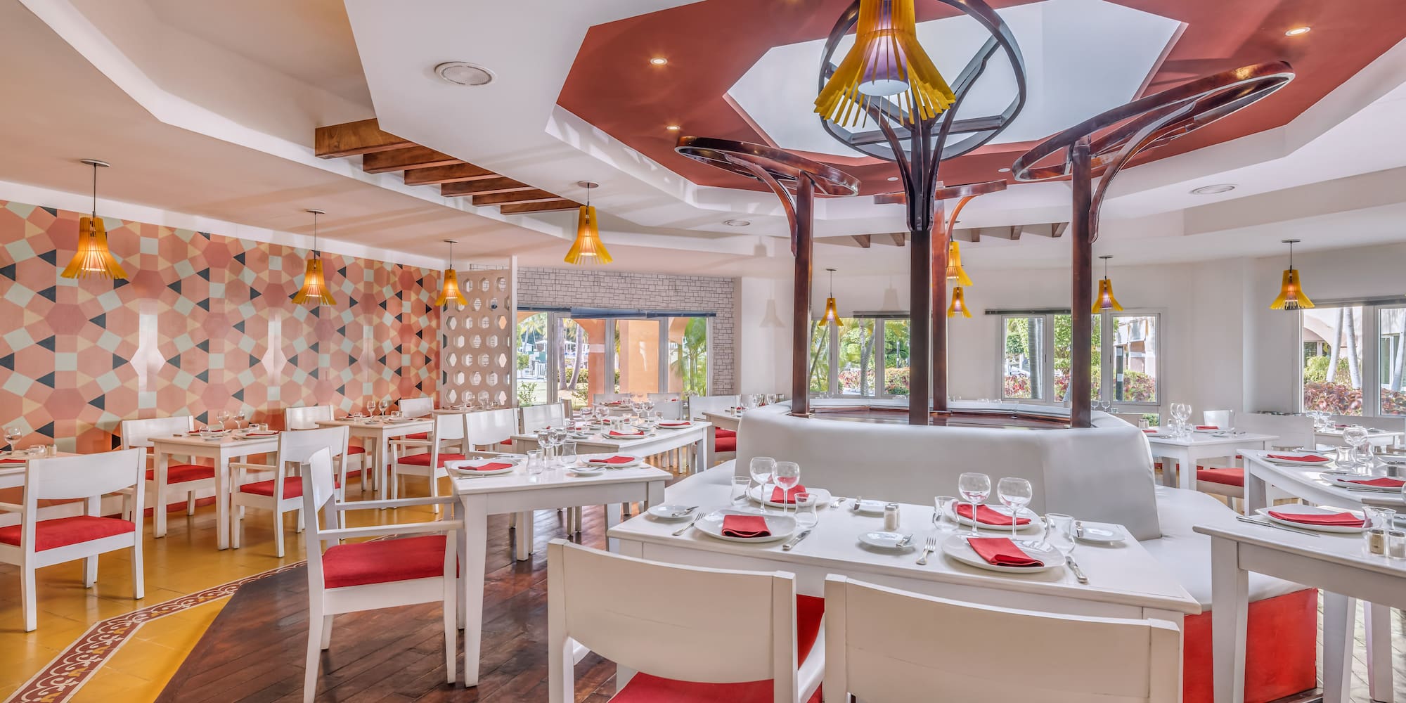 a room with tables and chairs