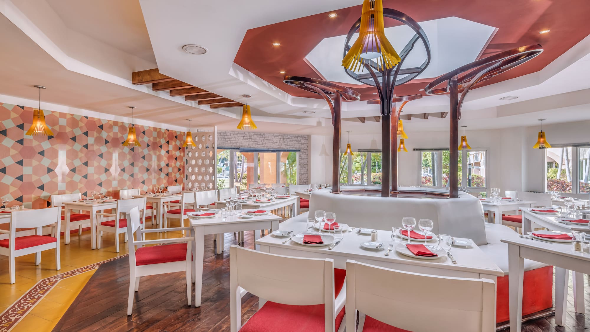 a room with tables and chairs